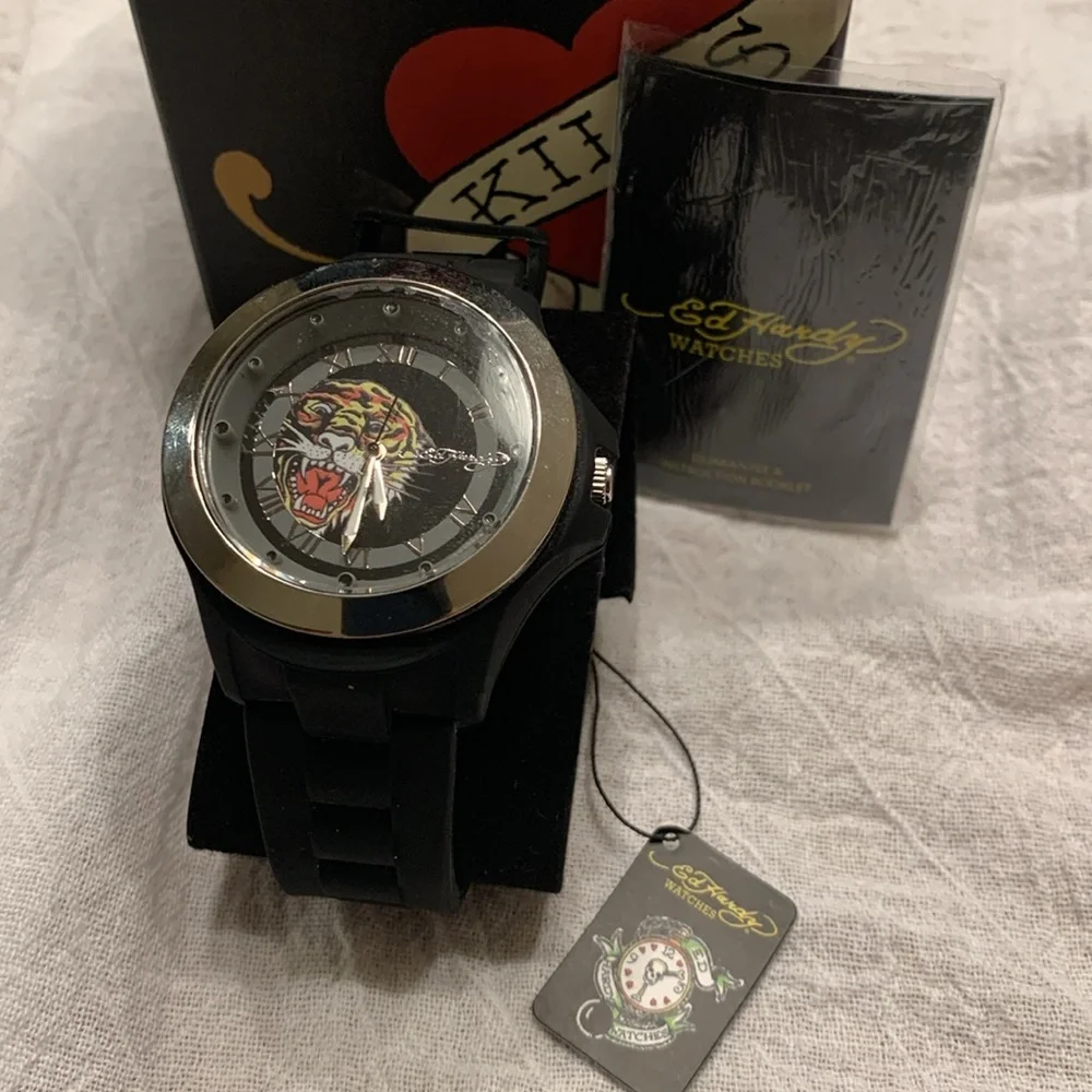 Ed Hardy Black/Silver Quartz Tiger Watch NEW Waterproof (30 meters) Measures sec